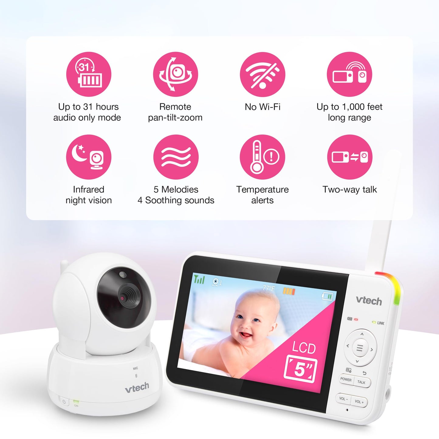 VTech Baby Monitor No WiFi, 5" Screen & Remote Pan-Tilt-Zoom for Newborns – Hack-Proof, 17Hr Battery, 1000ft Range, Auto Night Vision, Temperature Sensor, Two-Way Talk | VM924