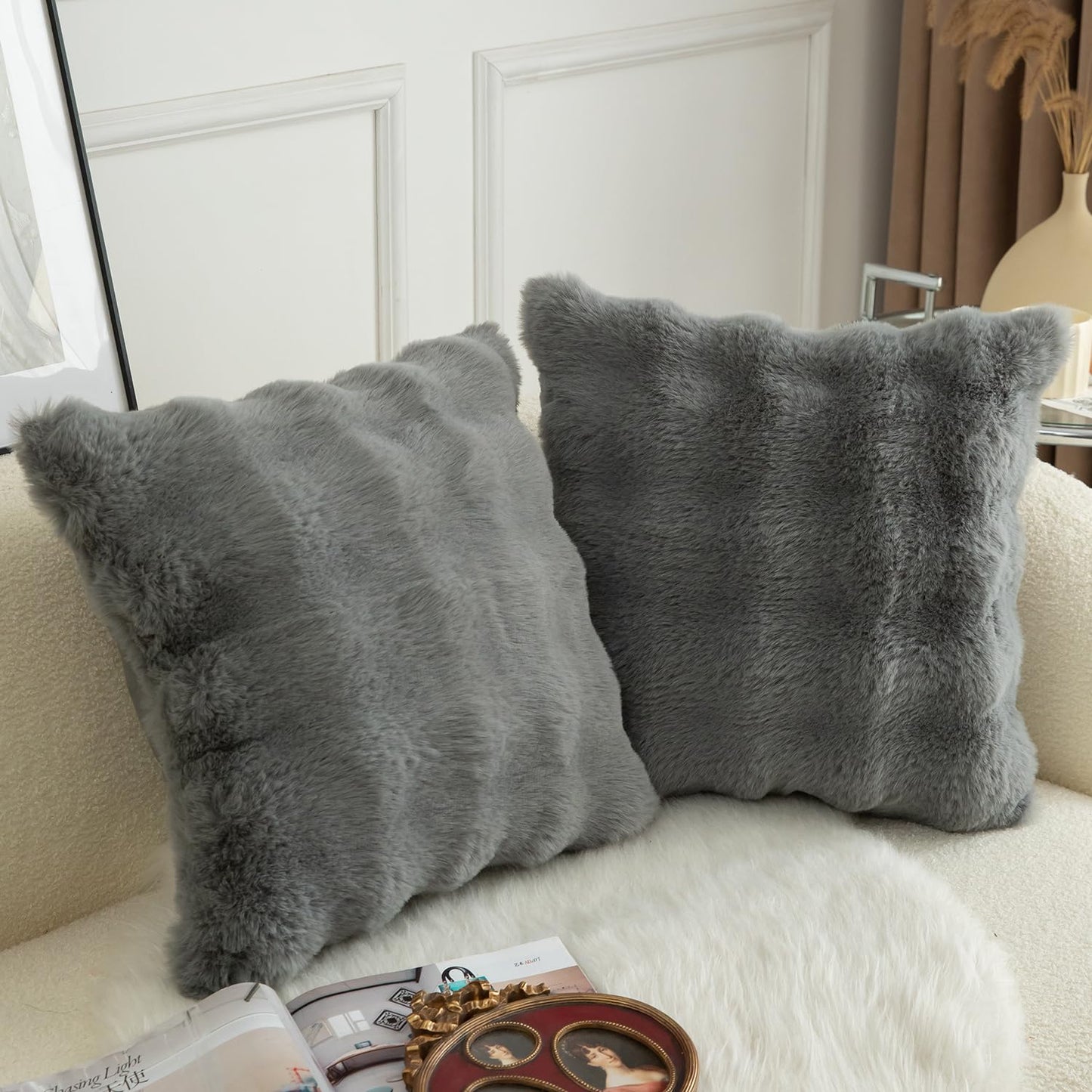 MANDIOO Pack of 2 Thick Plush Wool Decorative Throw Pillow Covers Super Soft Wave Bubble Fur Velvet Cushion Covers Pillow Shams for Couch Bed Living Room 16x16 Inch Gray
