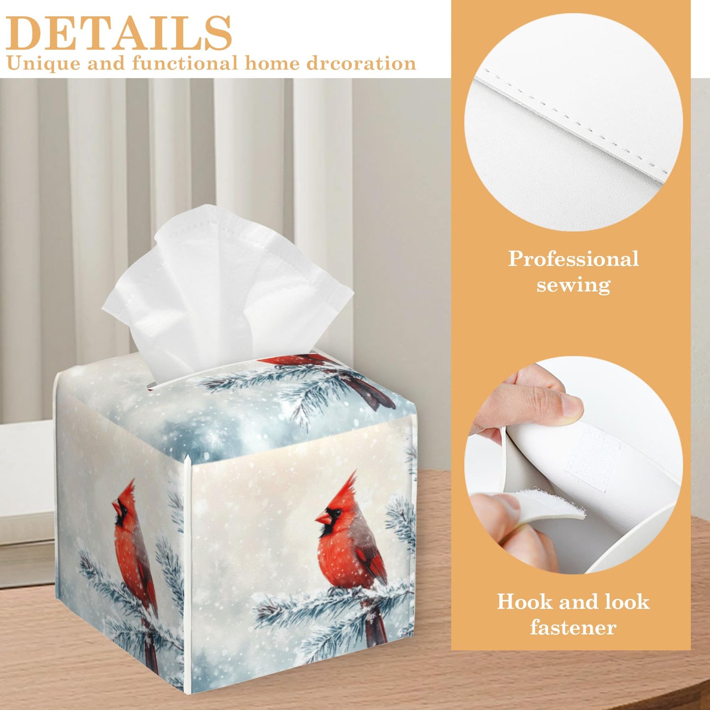 Leather Tissue Box Holder Winter Cardinal Bird Tissue Box Cover Square Waterproof Holder Organizer Modern Napkin Holder for Bedroom Dresser Night Stand Office Desk