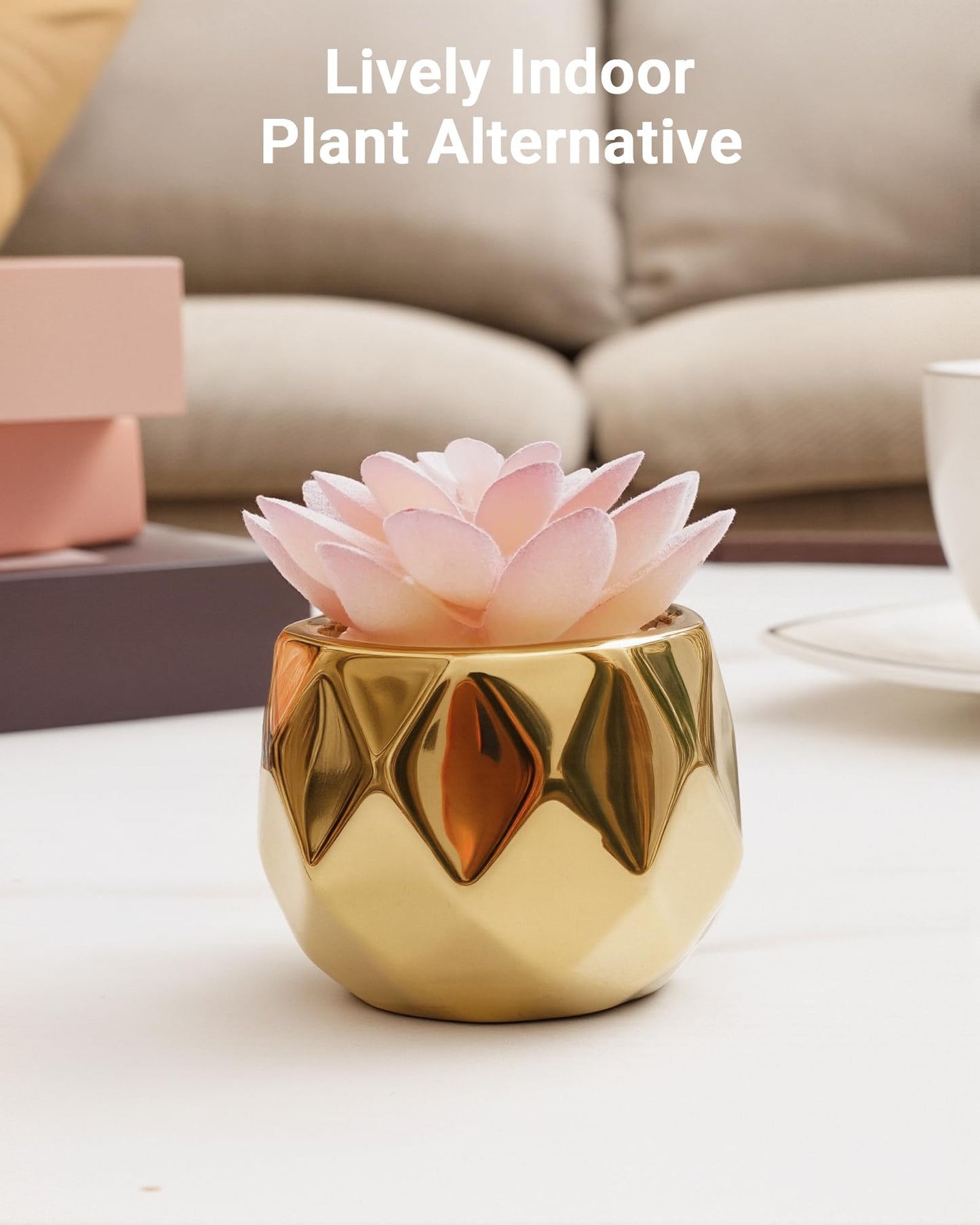 VIVERIE Mini Succulents Plants Artificial in Pots-Pink Succulents with Golden Ceramic, Small Fake Succulents for Home Decor Indoor for Women, White Ceramic Faux Succulents, Gifts for Mom-1 Pack