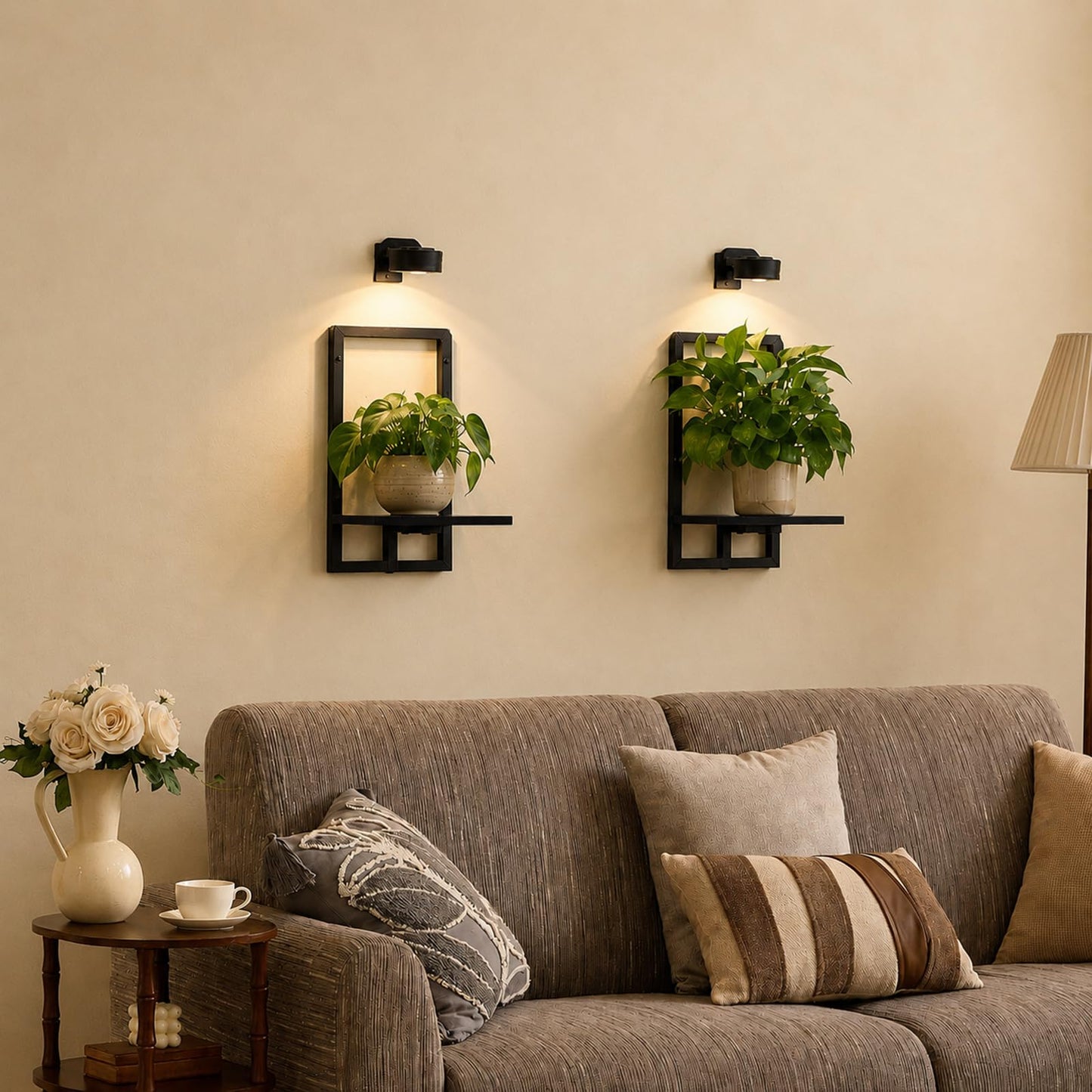 Orvado Wall Planters with Grow Lights, Set of 2 Indoor Hanging Shelves for Bedroom, Living Room, Bathroom, Kitchen, Entryway, Black (2, Black)