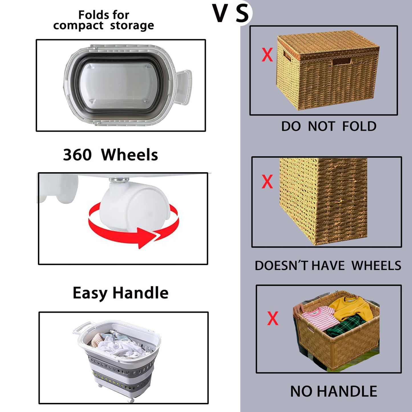 Folding Laundry Basket with Wheels Handle Collapsible Plastic Hamper 38L Portable Rubber Clothes Multi Use Grocery Shopping Cart Pop Up Storage Container Organizer with Hanging Space Saving White Grey