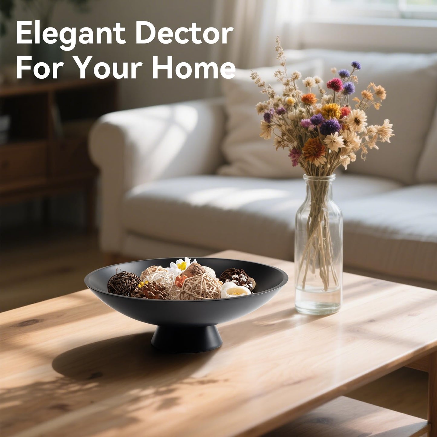 Decorative fruit bowl for Home Decor Large Modern Handicraft Key Bowl for Entryway Table Stylish Centerpiece Purse Bowl Pedestal bowl for Kitchen Counter Coffee Table(Artificial Stone Black)