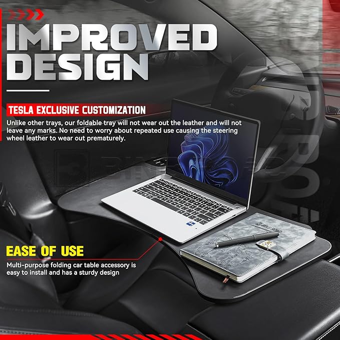 BINB ROAD Car Folding Tray Table Leather Compatible with Tesla Model 3 Y – Multi-Use Dining Tray & Laptop Stand, Fits Front Driver & Passenger Seats,Black