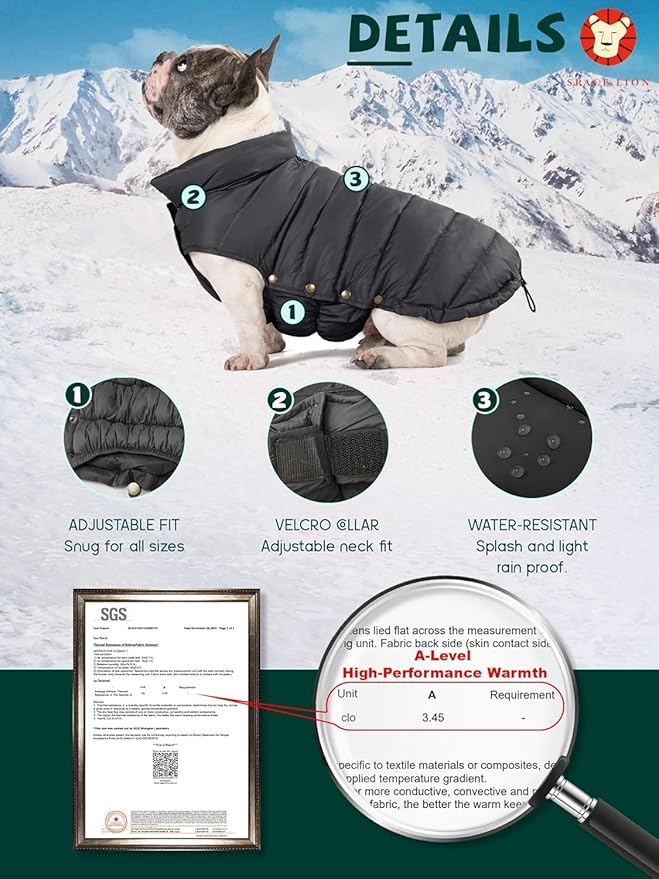 SPACE LION Dog Puffer Jacket, Down Winter Coat, Durable Outdoor Coat for Cold and Windy Conditions, Lightweight & Adjustable Fit Coats for Small & Medium Dogs, (Onyx Black, Size 12 Gift Box)