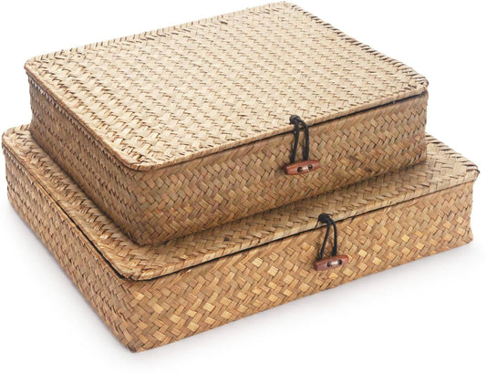 Seagrass Storage Baskets with Lids, Flat Wicker Basket, Shallow Woven Basket for Shelf, Decorative Storage Boxes for Organizing (Natural)