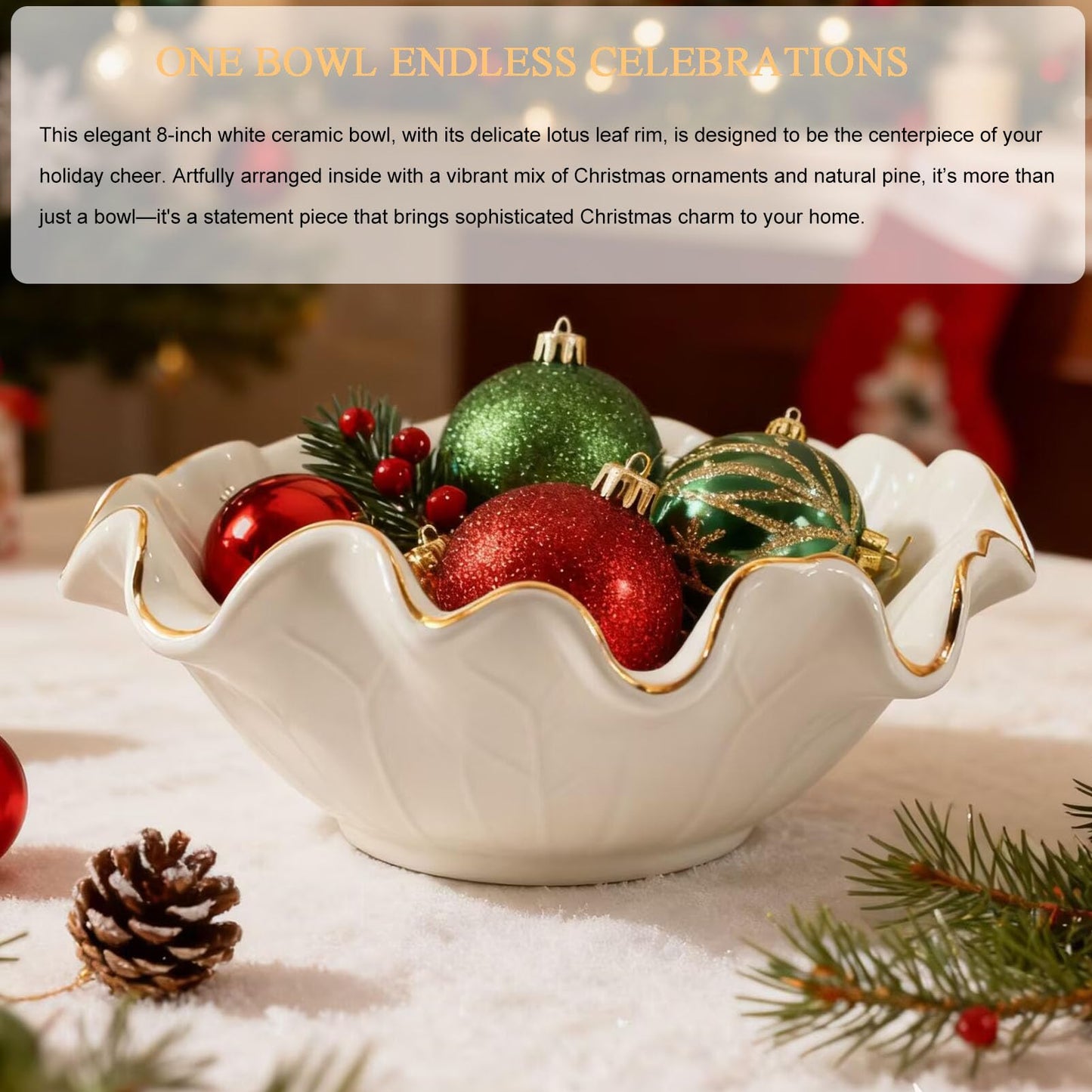 Aimtobest Handcrafted 8" White Ceramic Ruffle Bowl with Gold Trim – Modern Lotus Design, Small Shallow Decorative Bowl for Kitchen Counter & Key Holder for Entryway Table, Catch-All for Home Decor