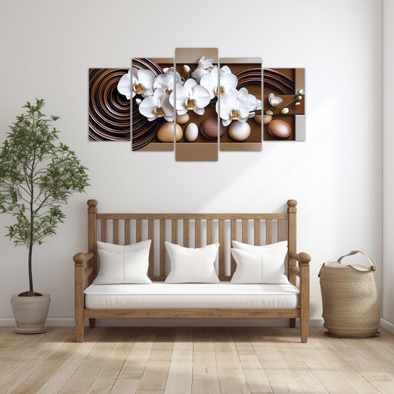 LZIMU Large Flowers Canvas Wall Art 5 Pieces White Orchid Picture Prints Abstract Floral Painting Framed Artwork for Home Bathroom Decor (Brown, 8"x14"x2 8"x18"x2 8"x22"x1)