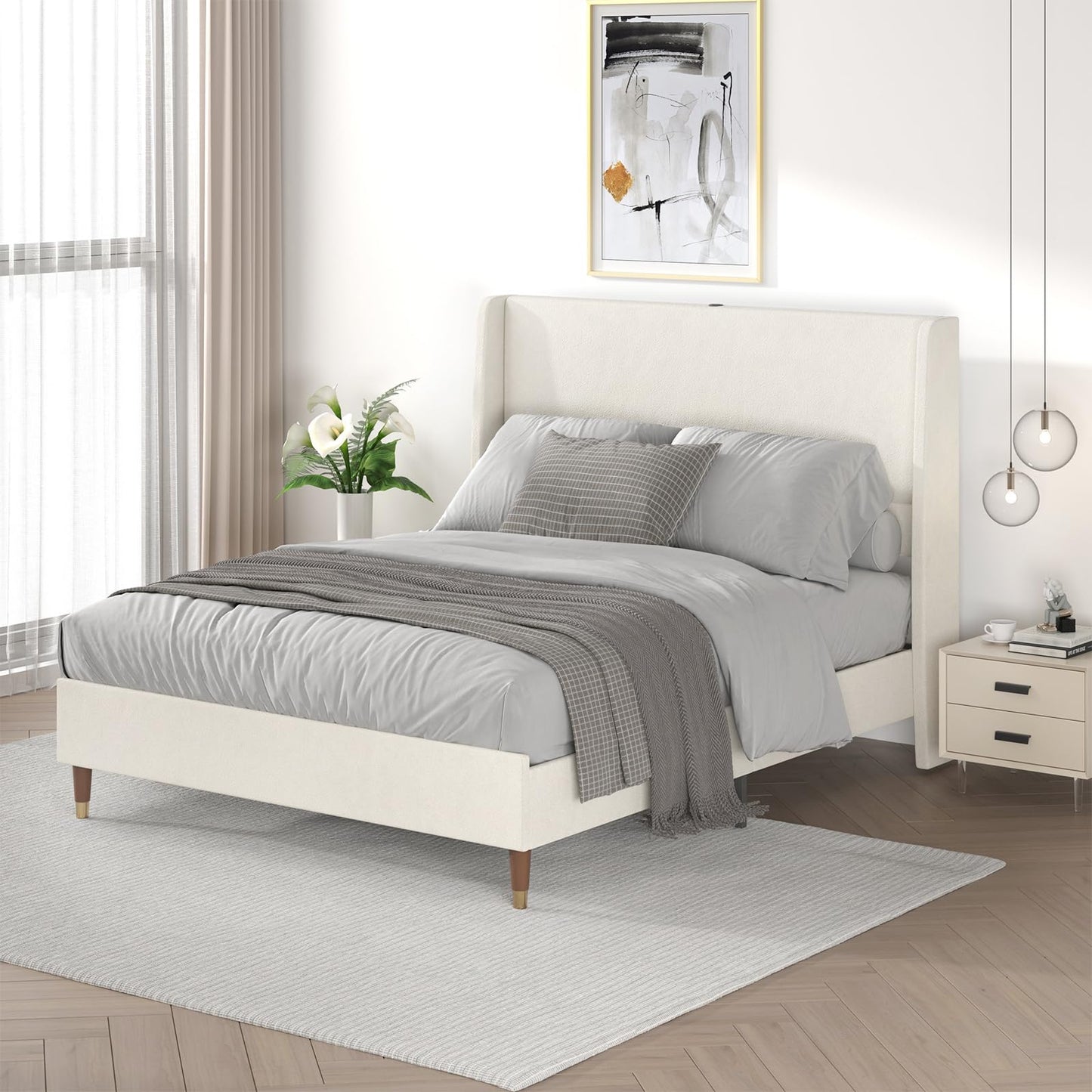 MALOL Queen Bed Frame with Upholstered Linen Headboard, Platform Bed with USB Charging Ports, Sturdy Metal Frame, No Box Spring Required, Quiet Noise-Free Modern Bedroom Furniture, Beige