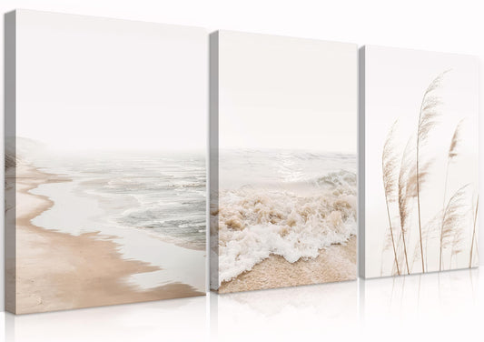 HDXUFJQ Neutral Beach Coastal Canvas Wall Art Beach Boho Botanical Pampas Grass Wall Decor Minimalist Nature Landscape Pictures Painting Summer Ocean Prints Waves Artwork(12"x16")