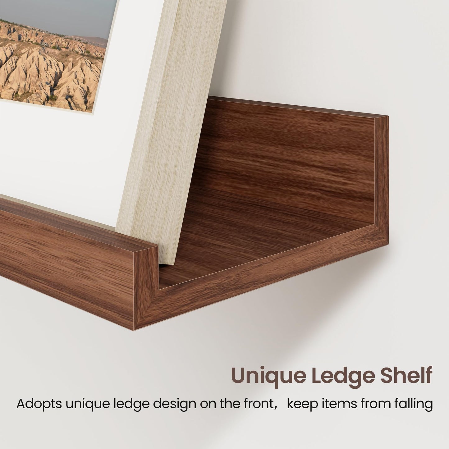 Axeman Picture Ledge Shelf | 16 Inch Walnut Floating Shelves Set of 3 | Rustic Wood Wall Shelves with Lip | 16" Walnut Picture Shelf for Wall with Ledge | Photo Shelves