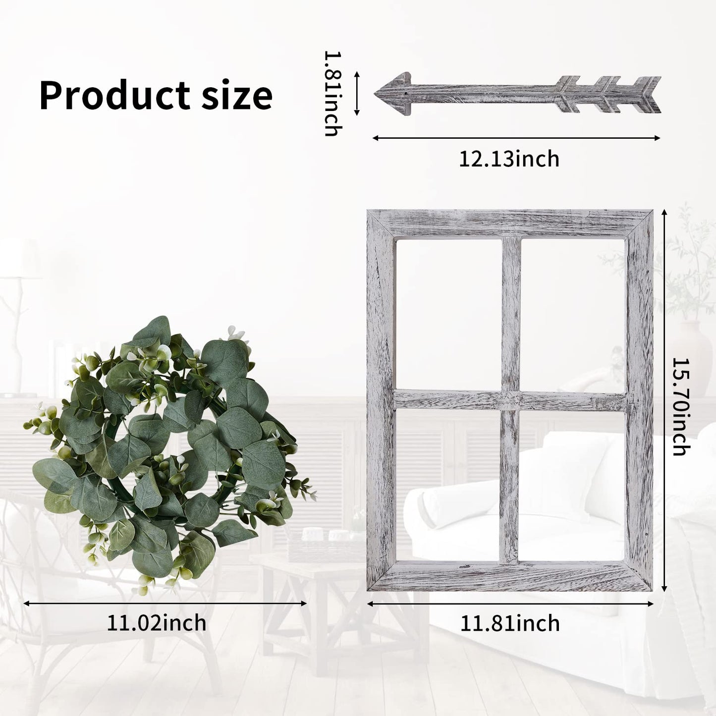WAKOSAN Rustic Wood Window Frame Wall Decor with Wreath & Arrows, Set of 2