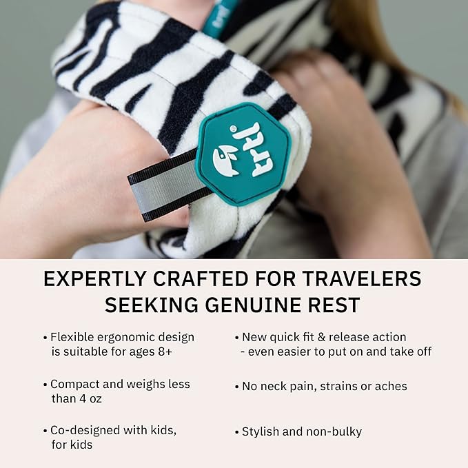 trtl Pillow Junior Kids Travel Pillow for Sleeping - with Built-in Head and Neck Support - Comfortable Kids Neck Pillow for Traveling - Compact and Machine-Washable - Zebra