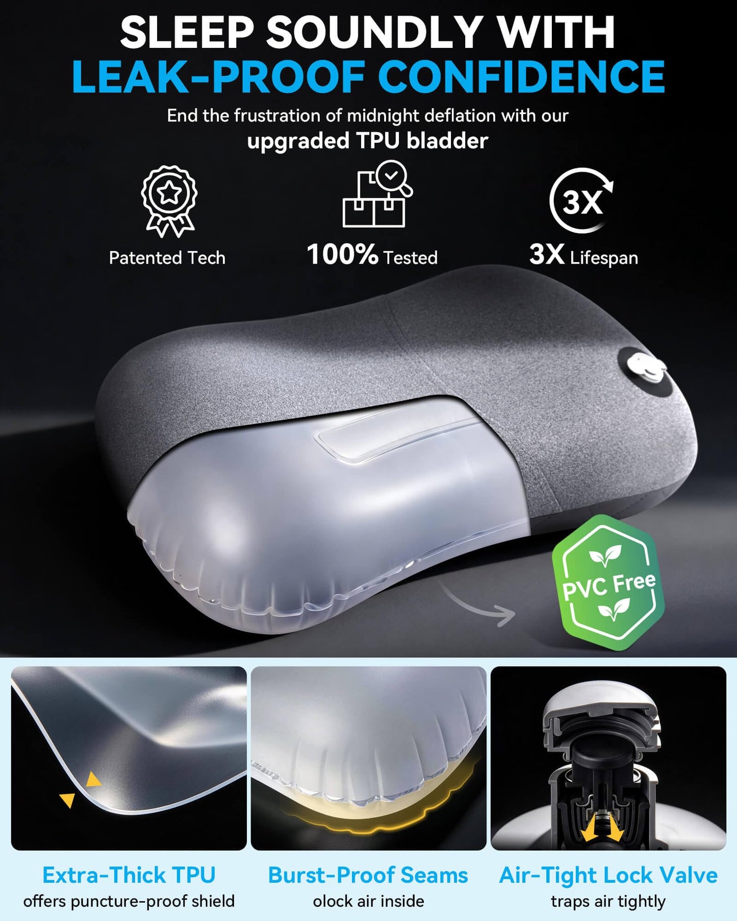Hikenture Ultralight Inflatable Pillow with Removable Cover for Neck Lumber Support - Upgrade Washable Travel Air Pillows for Camping, Hiking, Backpacking (Grey)