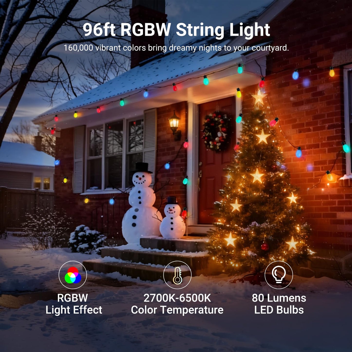NEEWER 96ft Outdoor String Lights, App Control Smart AI RGBW Hanging Outside Warm White Patio Balcony Backyard Lighting, IP65 Waterproof, 30 LED Bulbs, 50+ Scenes, Compatible with Alexa Google, NR01