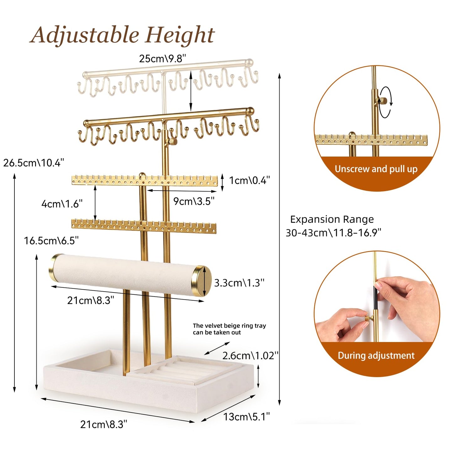 Sorcozn 3 Tier Jewelry Organizer Stand with Ring Tray - Adjustable Tall 17.7" (Max), Jewelry Holder for Necklace, Bracelet, Earring, Ring Storage, Jewelry Display Storage Stand for Women