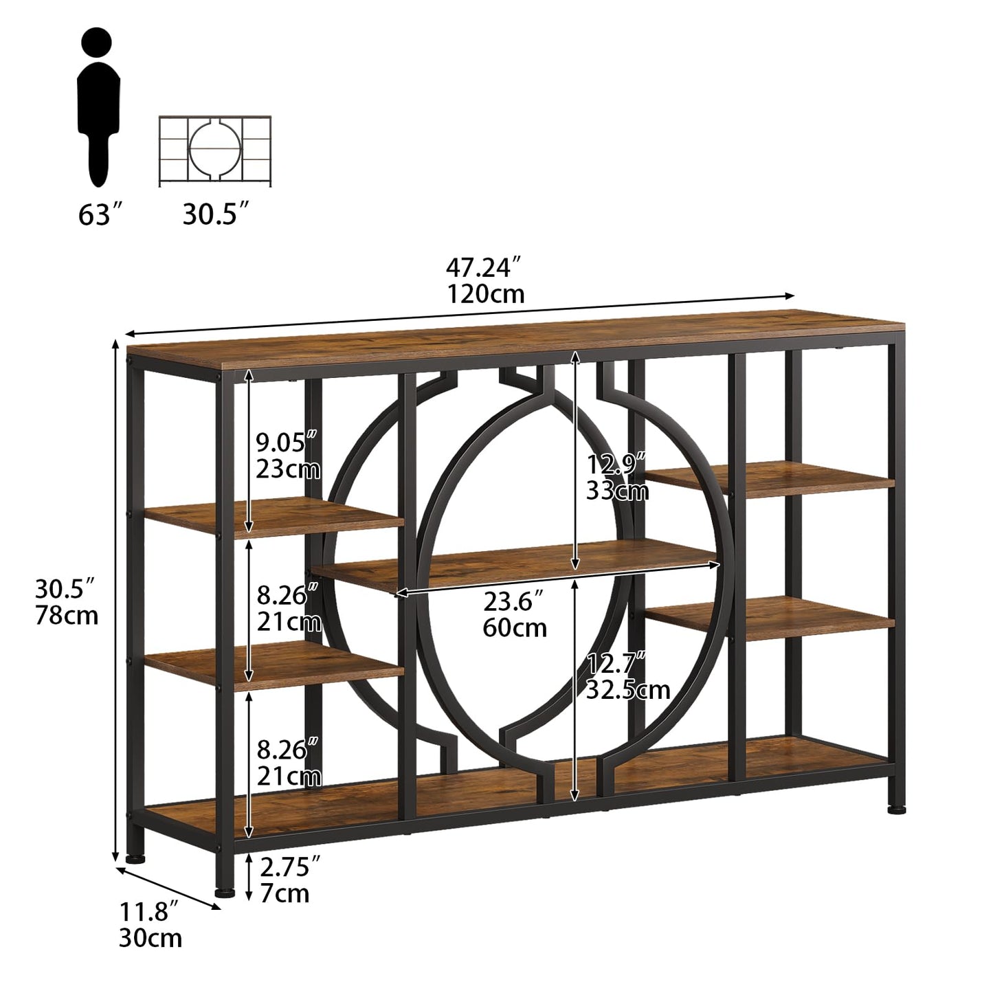 GiftGo 47" Industrial Console Tables for Entryway Rustic Sofa Table Behind Couch 4 Tier Wooden Shelves Entry Table with Storage for Foyer, Hallway, Front Door,Living Room (Rustic Brown, 47")
