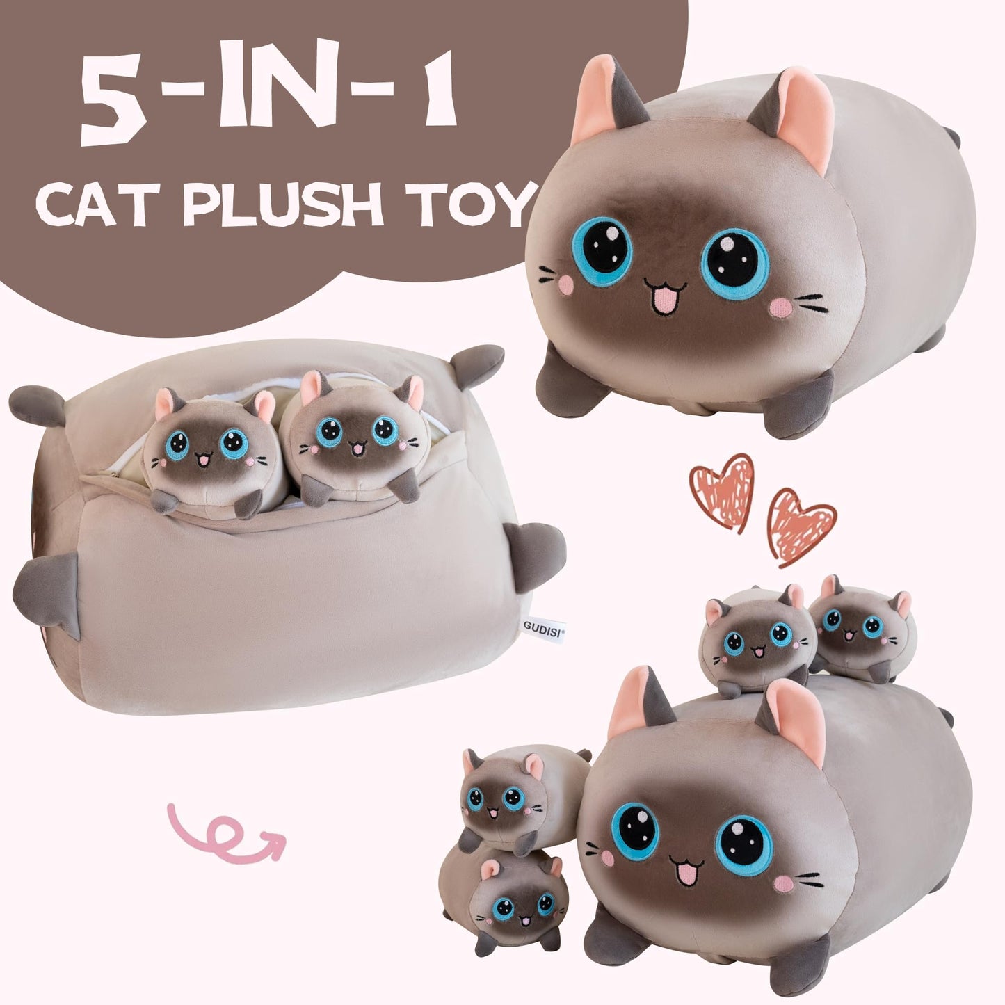 Gudisi Siamese Cat Plush Stuffed Animals with 4 Kitties Plushies,16" Soft Jumbo Pillow Gifts for Kids Him Her Girlfriend Boyfriend