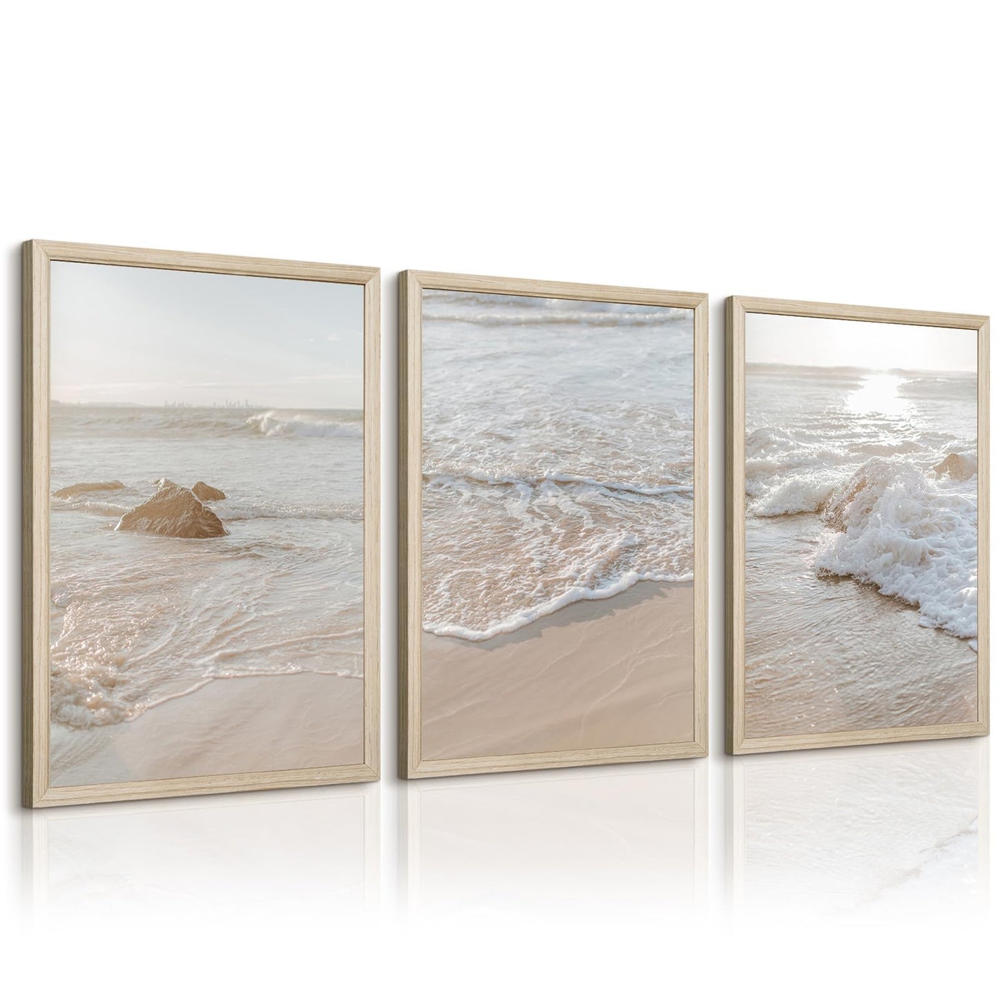Beach Wall Art Decor Coastal Wall Art Pictures Ocean Canvas Wall Art Beige Beachy Wall Decor Boho Beach Prints Ocean Painting Coastal Artwork for Bedroom Living Room 12x16 Inch Wood Framed Set of 3
