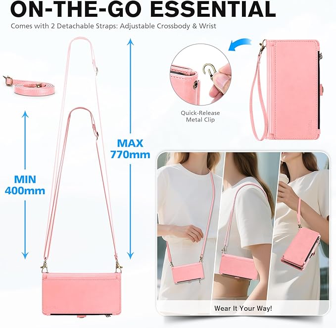 TUCCH Detachable Crossbody Wallet Case for iPhone 17 6.3", 9 Card Slots RFID Blocking | Stand | Lanyard | Wrist Strap | Wireless Charging | Zipper Pocket | PU Leather | Magnetic Flip Cover | Rose Gold