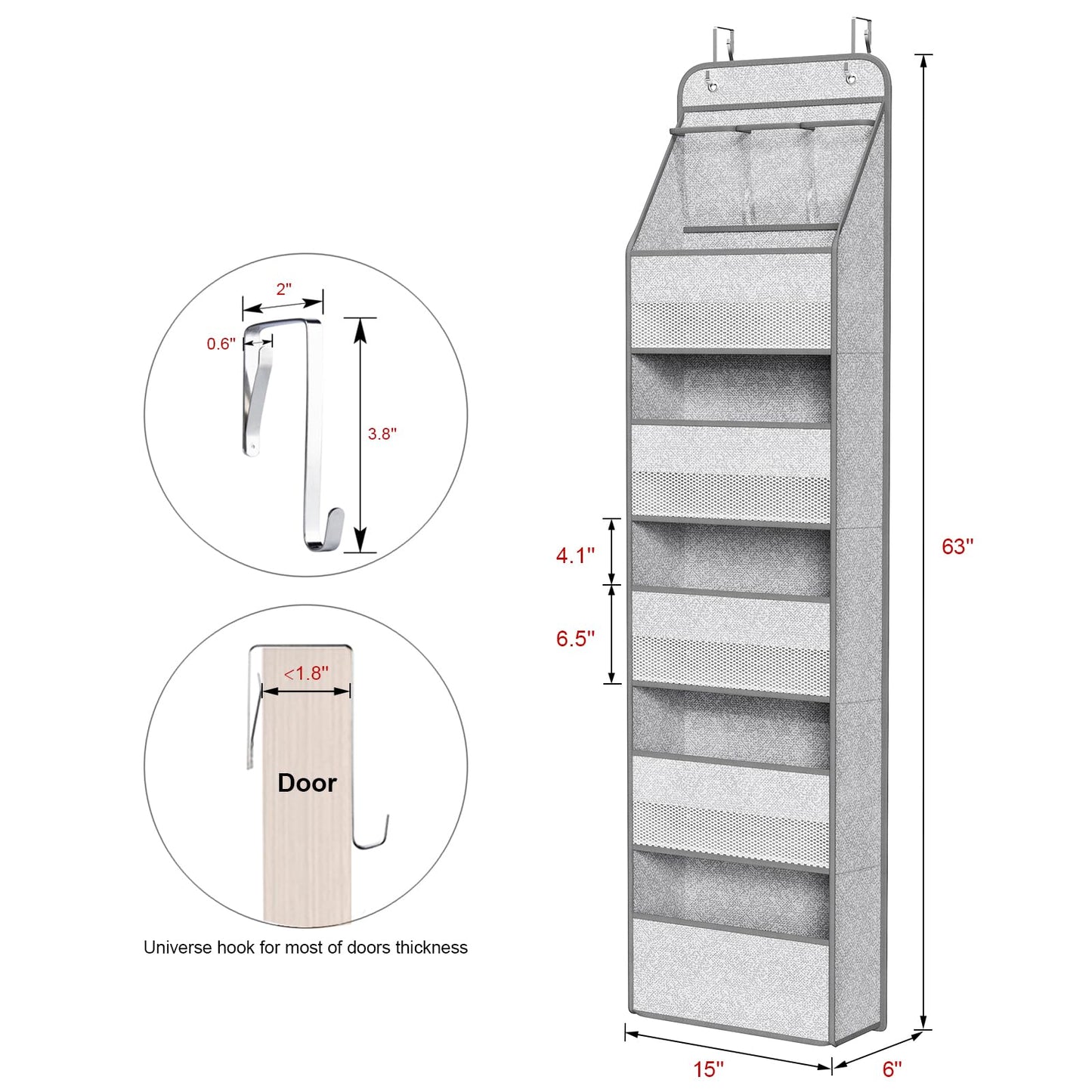 Univivi 6-Shelf Over Door Hanging Organizer Fabric Baby Door Storage with 5 Large Pockets and 3 Small PVC Pockets Wall Mount Hanging Storage Organizers for Baby Essential (Grey Pattern)