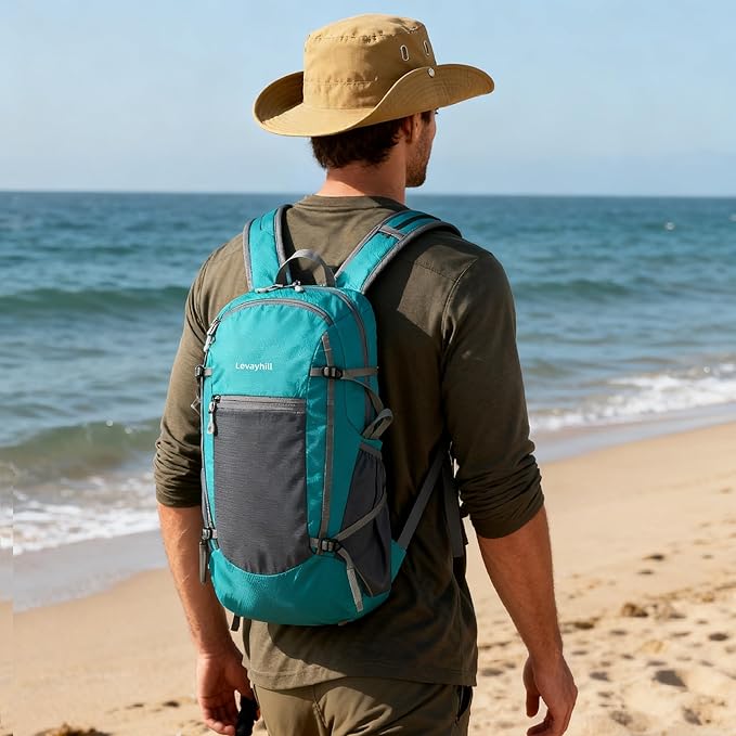 30L Foldable Backpack & Bucket Hat 2 In 1 Combo, Lightweight packable Travel and Fisherman Hat Set, Compact Collapsible Daypack with Sun Hat (Lake Blue)