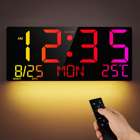 Mee 2ou 16" Large Digital Wall Clock with RGB LED Jumbo Number, Remote Control, Auto DST, Temperature,Calendar, Modern Wall Mount Digital Clock for Living Room, Classroom, Office Wall, Senior Bedroom