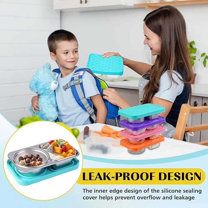 LVQVEV 2 Pack Stainless Steel Snack Containers, 2 Compartment Snack Container with Silicone Lids, Easy Open Leak Proof Reusable Metal Toddler Snack Containers for Daycare (purple, blue)