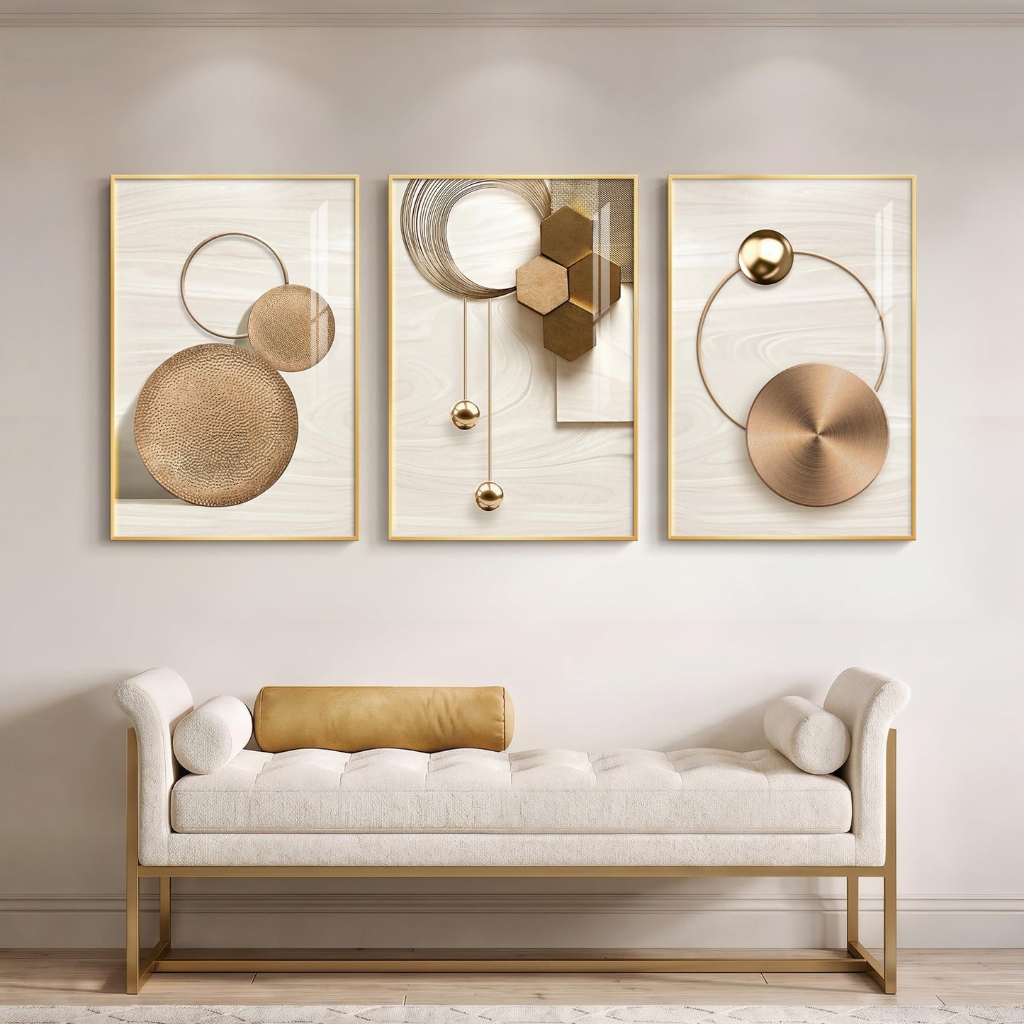 Large Framed Modern Luxury Gold Wall Art for Living Room, 3 Piece Bright Style Art Prints Paintings Artwork for Walls, Bronze Gold Geometric Pictures for Hallway Stair Office Wall Decor 24x36 In