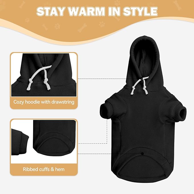 Dog Sweaters for Small Dogs,Dog Hoodies,Warm Fleece Sweatshirt with Hood & Pocket,Leash Hole,Cozy Cold Weather Puppy Clothes Pet Sweater for Small Dogs(Black,S)