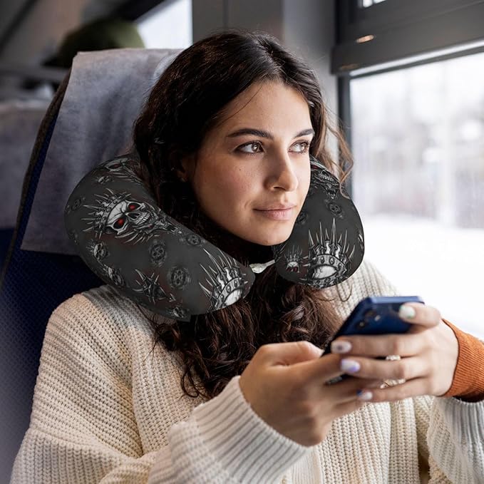 Breathable Neck Pillow for Sleeping Rest Nap King Cool Skull Dragon Tattoo Art, Airplanes/Car/Home Memory Foam Travel Cushion with Polyester Cover Washable for Women Men