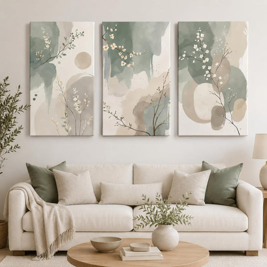 3Pcs Abstract Framed Sage Green Plant Canvas Wall Art,Watercolor Painting Picture Wall Decor,Modern Green Plant Floral Poster Print Artwork,for Bedroom Bathroom Home Decoration,12x16in