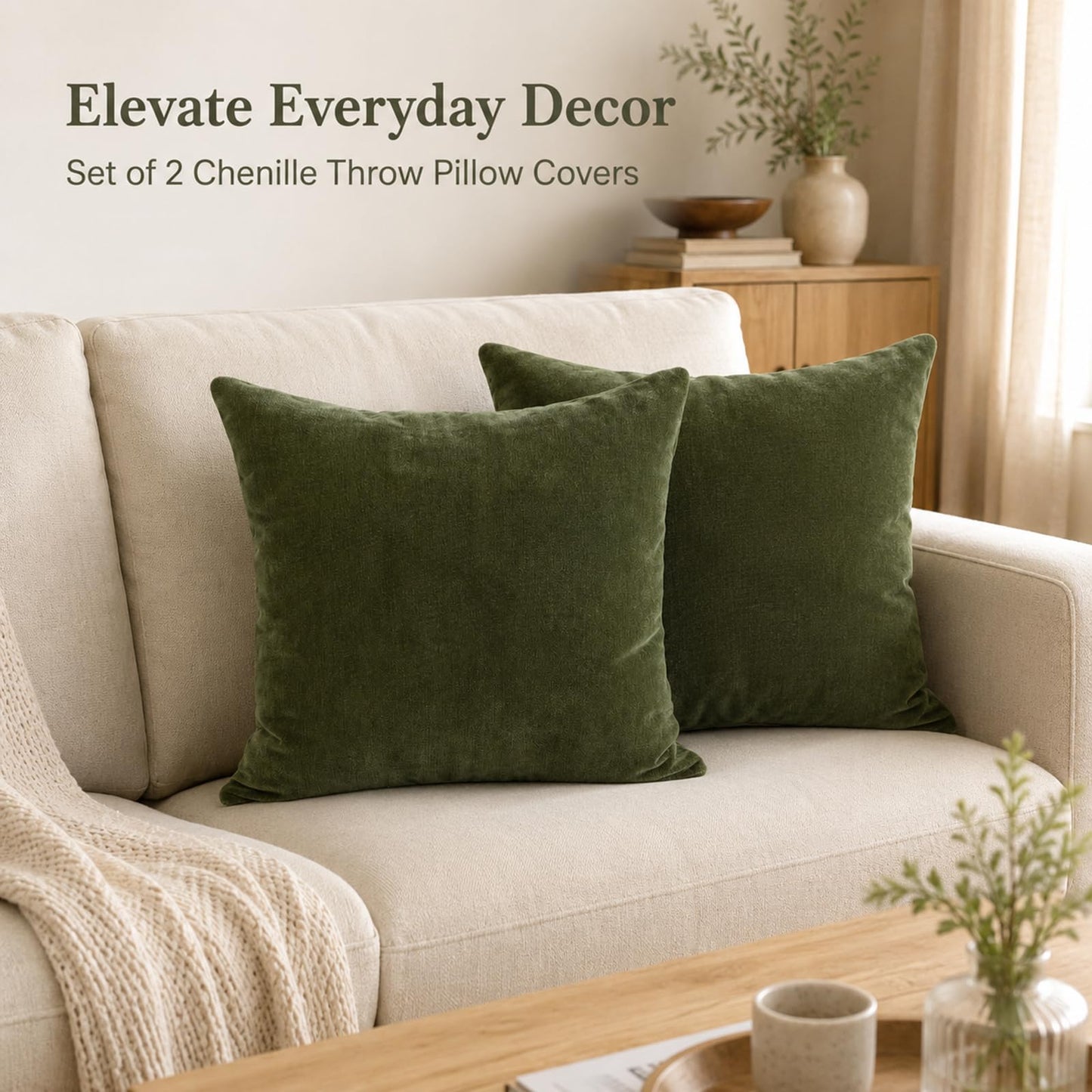 JoraLion Chenille Throw Pillow Covers 24x24 inch, Moss Green Spring Decorative Pillow Covers, Farmhouse Solid Soft Chenille Cushion Case for Couch Sofa Bed Living Room, Pack of 2(Cover ONLY)