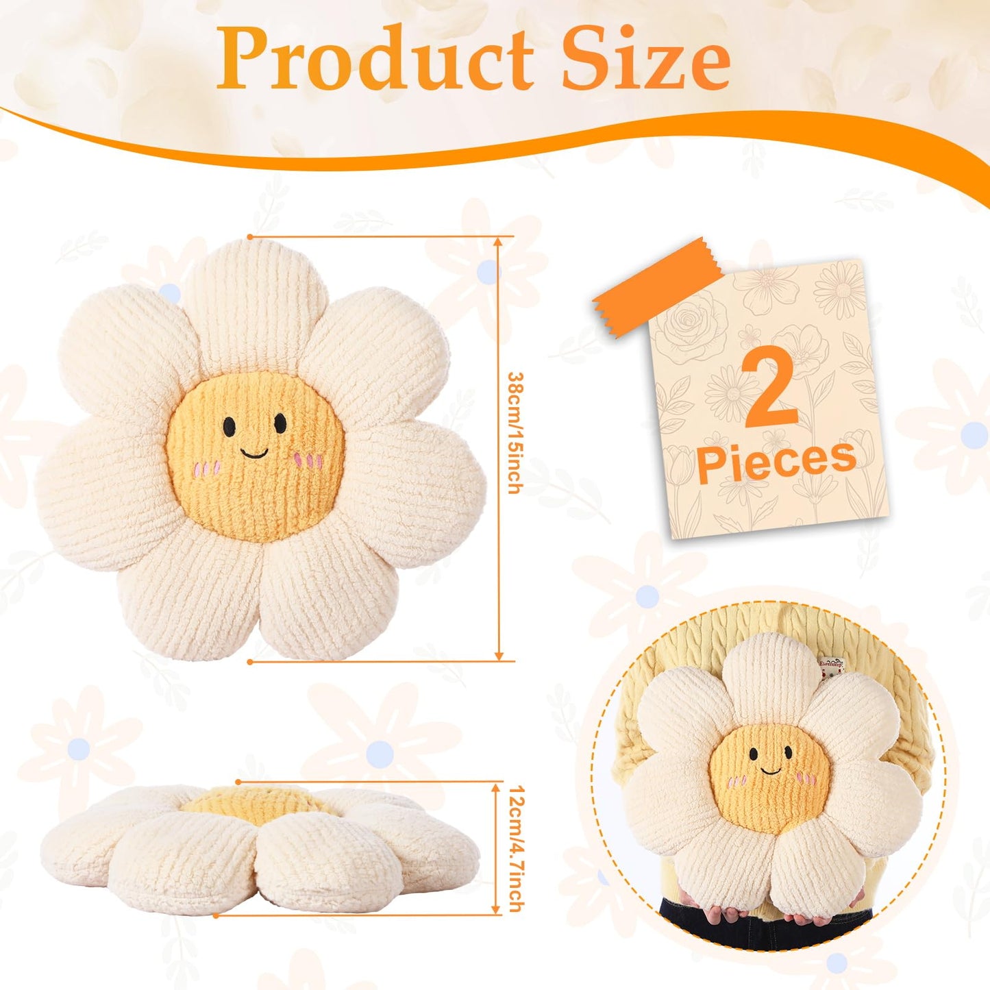Novabright 2 Pcs Smile Flower Throw Pillows 15" White Flower Throw Pillows Decorative Daisy Floor Seating Cushion Aesthetic Cute Seat Cushion for Bed Sofa Couch Home Decor Bedroom Living Room Chair