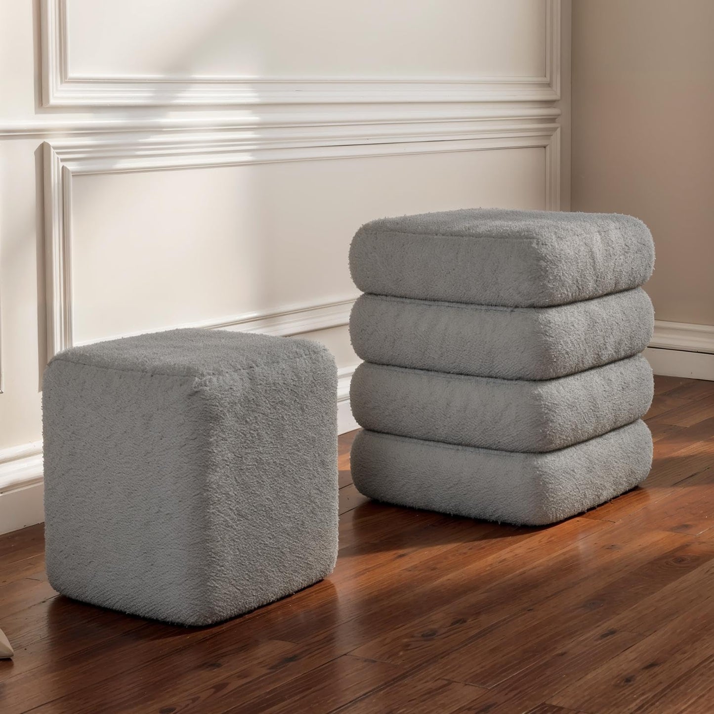 ABHENG Square Set of 2 Sherpa Storage Ottoman Stool with Removeable lid,Load up to 440 lbs Footstool, Boucle Vanity Stool for Livingroom Bedroom Gray UASND69G