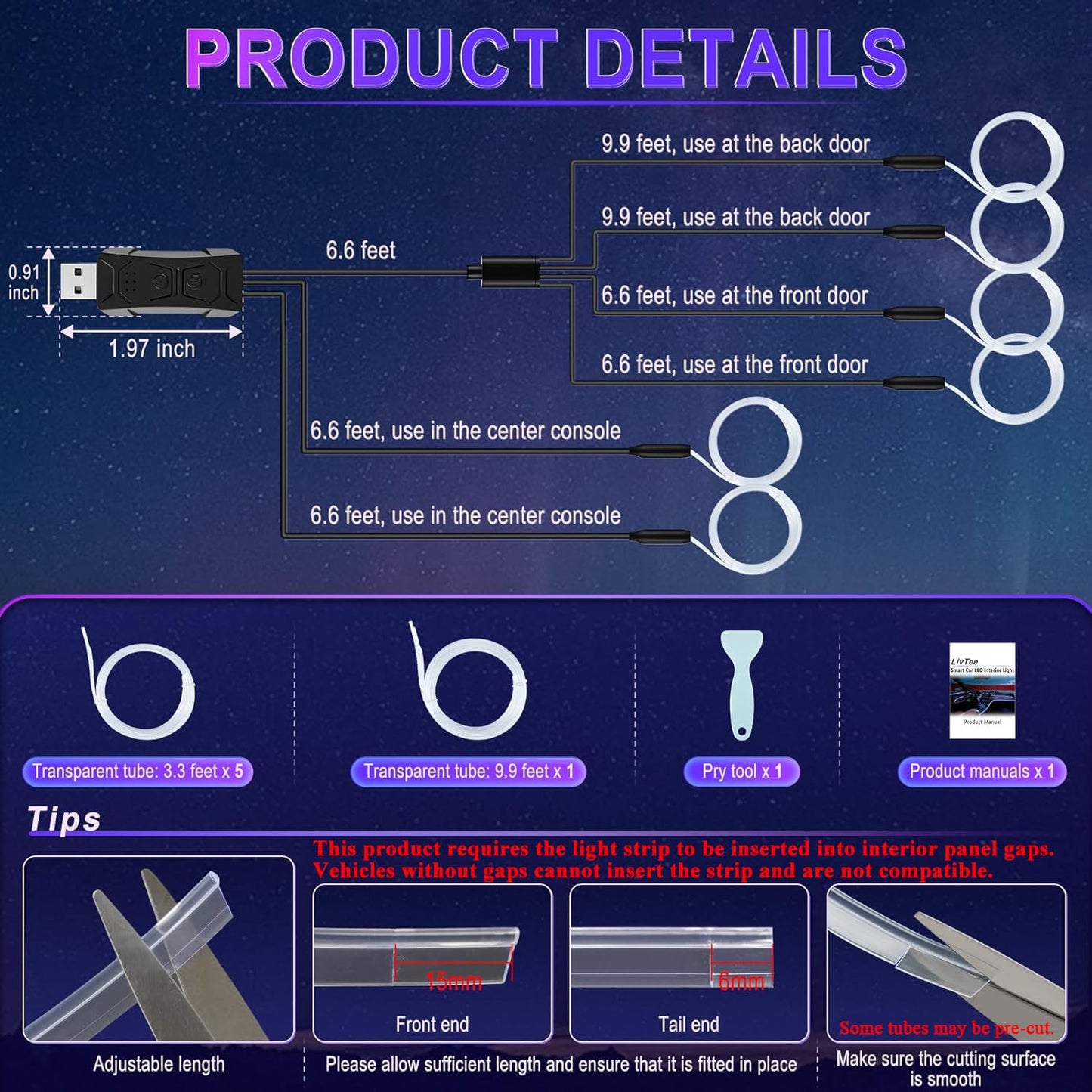 LivTee Smart LED Car Lights Interior with USB Port, LED Strip Fiber Optic Ambient Lighting Car, Wireless App Control, Sync to Music, Car Decorations Interior Accessories Gifts for Women Men, 6 in 1