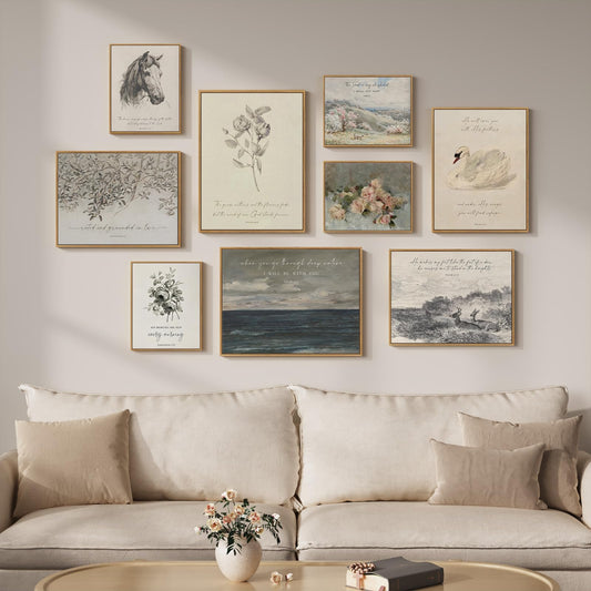 Framed Christian Gallery Wall Art Set of 9, Neutral Vintage Scripture Prints with Bible Verse Quotes, Inspirational Religious Artwork Decor for Living Room Bedroom Prayer Room