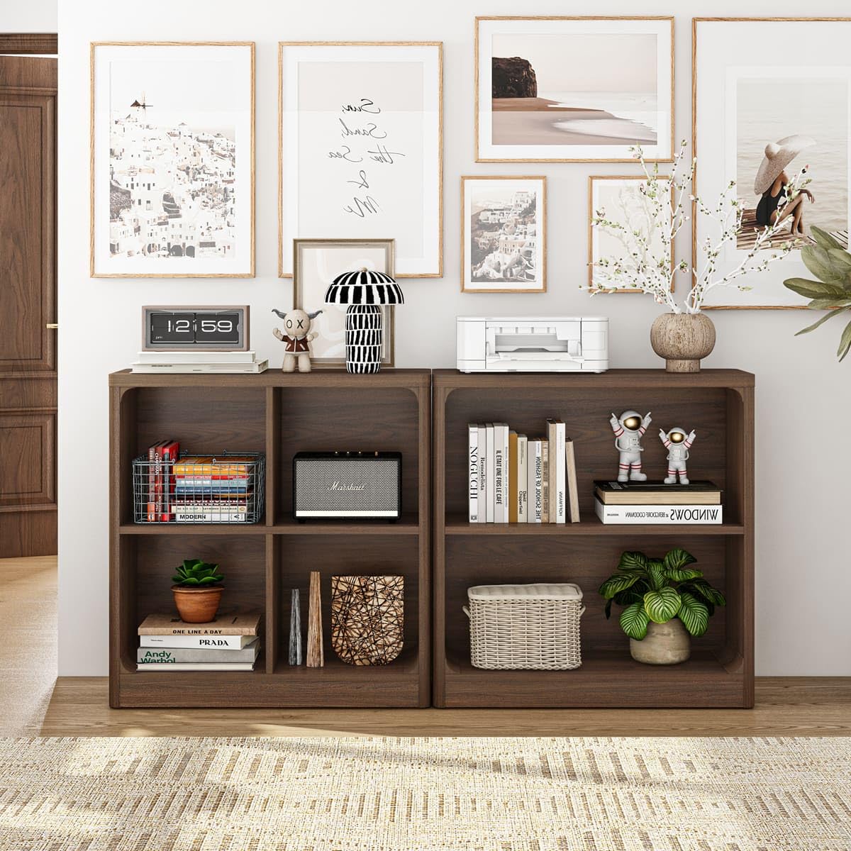 FATORRI Small Wooden Bookshelf, 2-Tier Open Bookcase with Rounded Corners, Compact Floor Standing Storage Book Shelf for Living Room, Bedroom, Home Office (Dark Walnut)