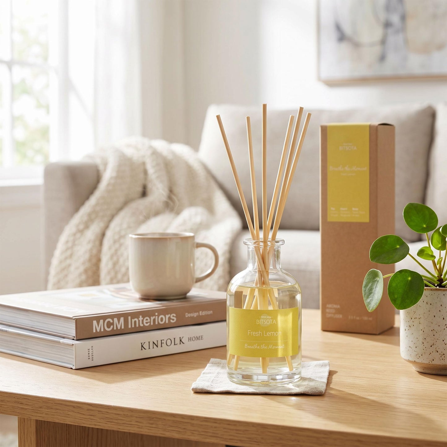 BITSOTA Natural Reed Diffuser Set, Fresh Lemon 3.52 oz (100ml) Scented Diffuser with Sticks Home Fragrance Reed Diffuser for Bathroom Shelf Decor, Ideal Gift for Woman
