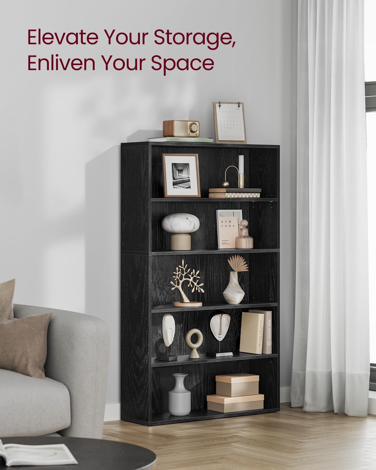VASAGLE Custos Collection - Bookshelf, 5-Tier Bookcase, Book Shelf, Open Storage Shelf, 9.4 x 31.5 x 52.5 Inches, for Living Room, Home Office, Dinning Room, Ebony Black ULBC175T56