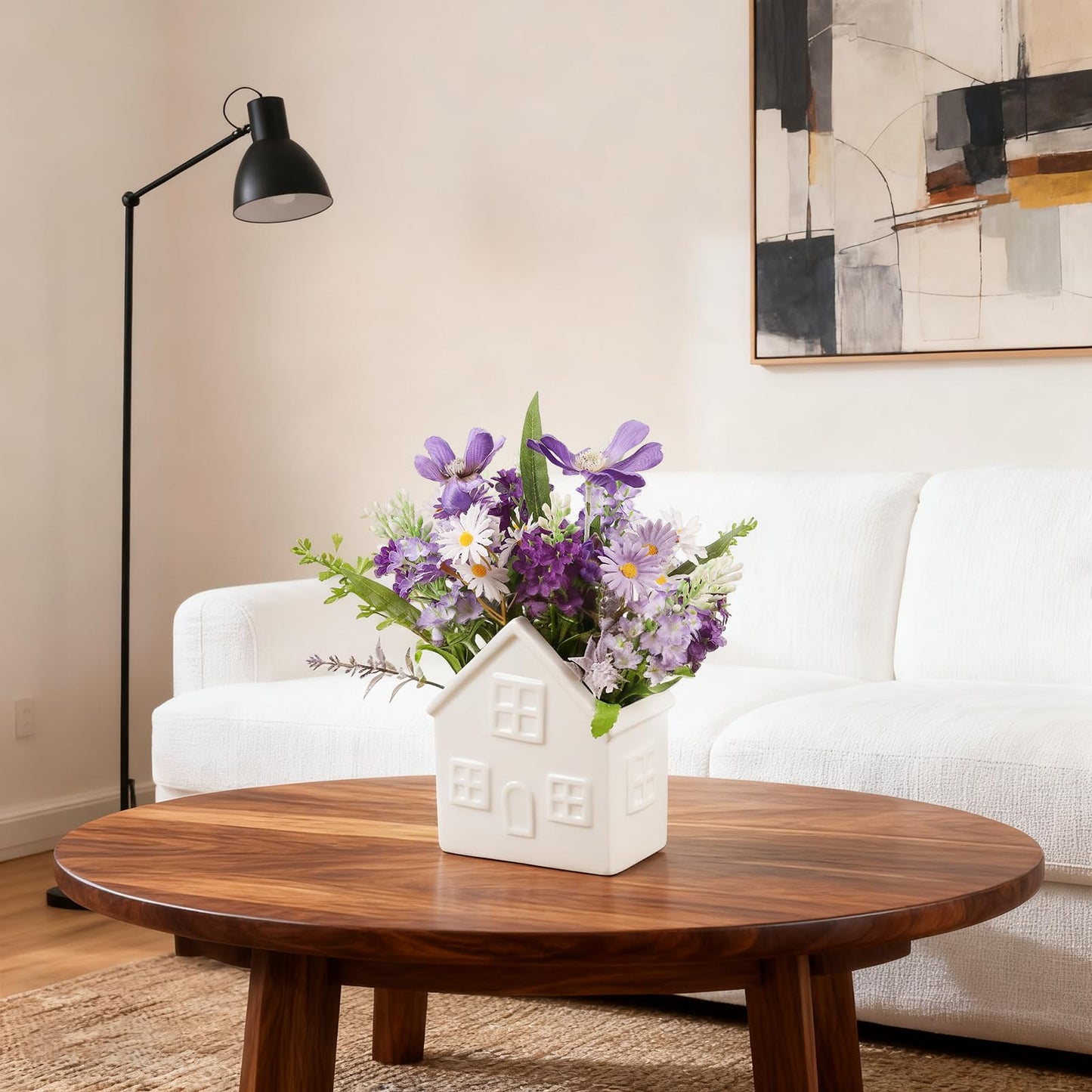 Hessessl Small Fake Flowers Plants, Mini Artificial Lavender Flowers Purple Daisy in Ceramic Pot, Faux Potted Plants for Centerpiece Table Decorations Home Office Bathroom Tabletop Spring Decor