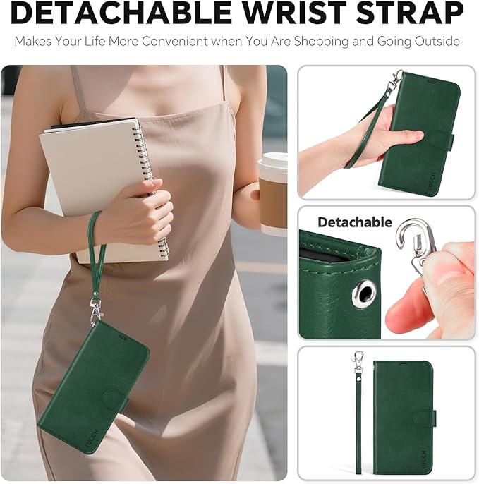 TUCCH 2-in-1 Removable Wallet Case for iPhone Air (6.5-inch) 2025, Wireless Charging | RFID Blocking 4 Card Holder | Wrist Strap | Kickstand | Magnetic | PU Leather | Protective Cover | Dark Green