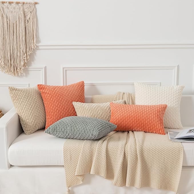 Kevin Textile Throw Pillow Covers Soft Corduroy Decorative Set of 2 Boho Striped Pillow Covers Pillowcases Farmhouse Home Decor for Couch Bed Sofa Living Room 26x26 Inch Beige
