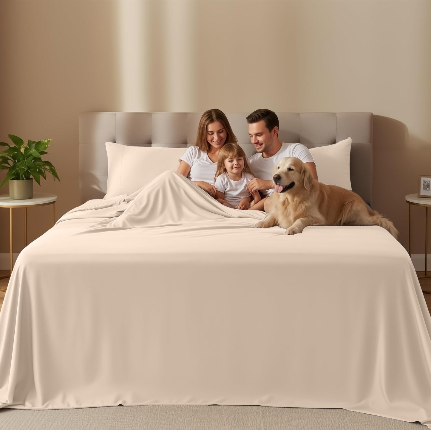 Queen Size Sheet Set – 4 Piece Bed Sheets, Soft and Breathable Microfiber, Includes 1 Fitted Sheet, 1 Flat Sheet and 2 Pillowcases – Oeko Tex (Beige)
