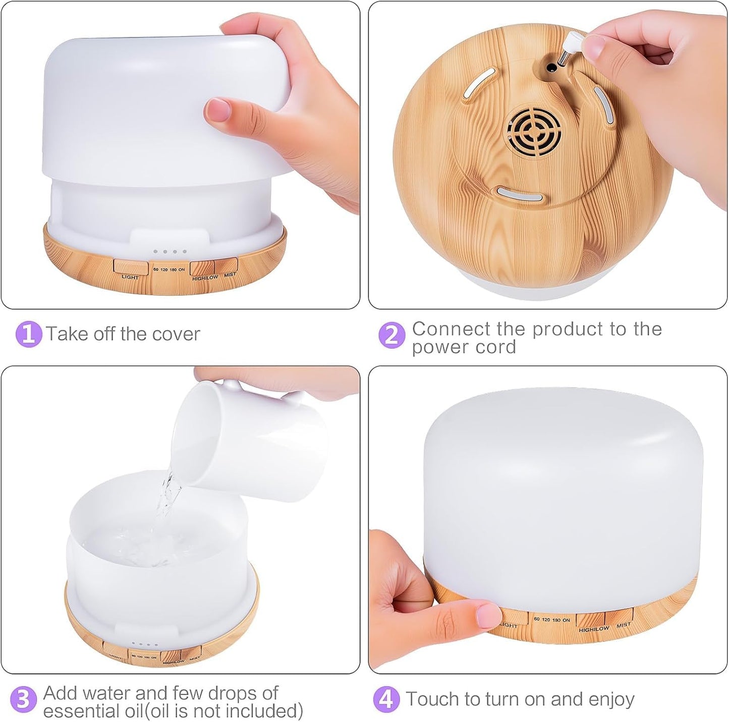 LSLCQW 500ml Essential Oil Diffuser with Remote Control, Premium Ultrasonic Aromatherapy Diffusers Scent Humidifier Vaporizer Auto-Off Timer for Large Room Home, Yellow (Light Woodgrain)