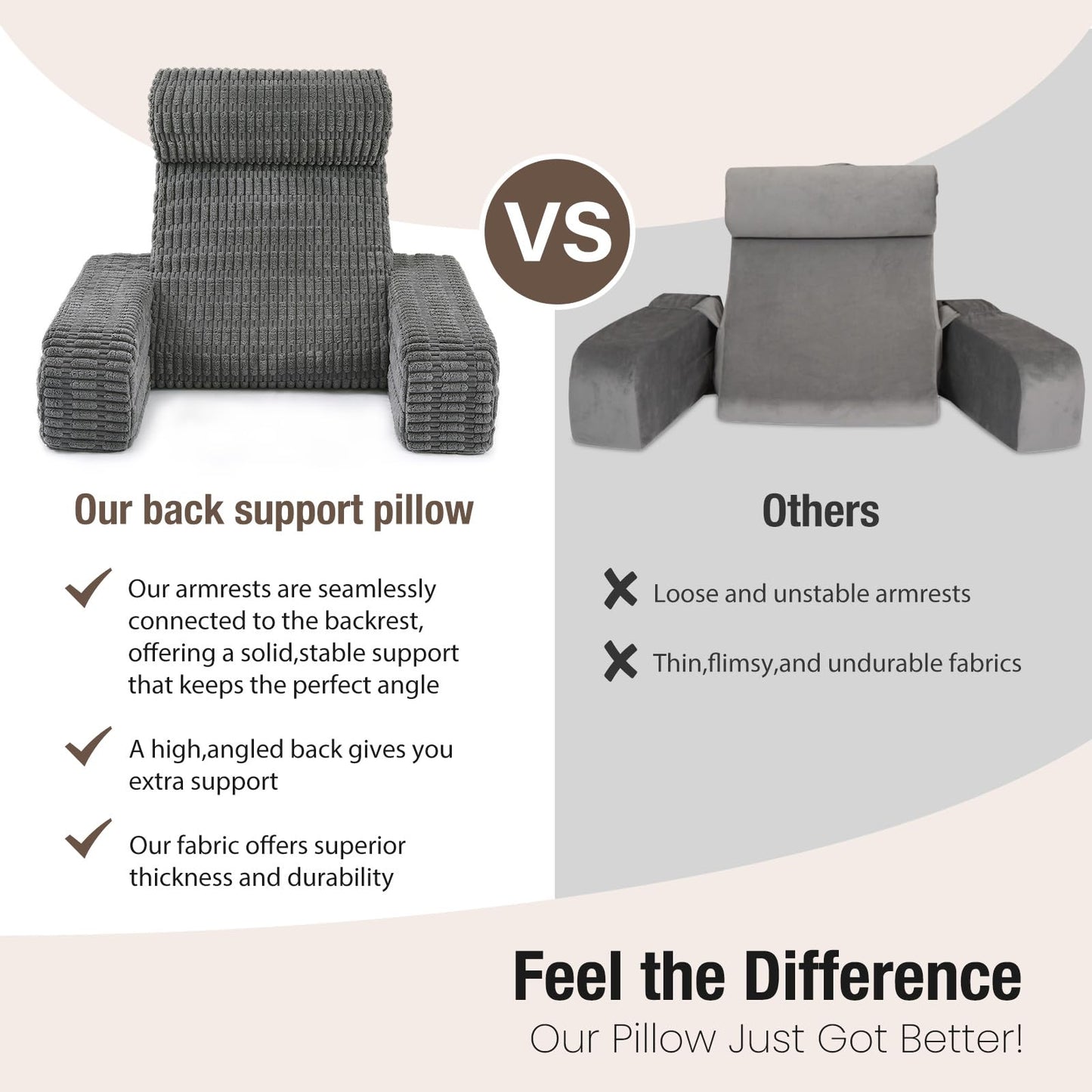 Selectico 19" Reading Pillow for Bed with Built-in Arms & Large Pockets, Supportive Backrest Cushion for Reading, Resting, or Reclining, Washable Cover – Grey