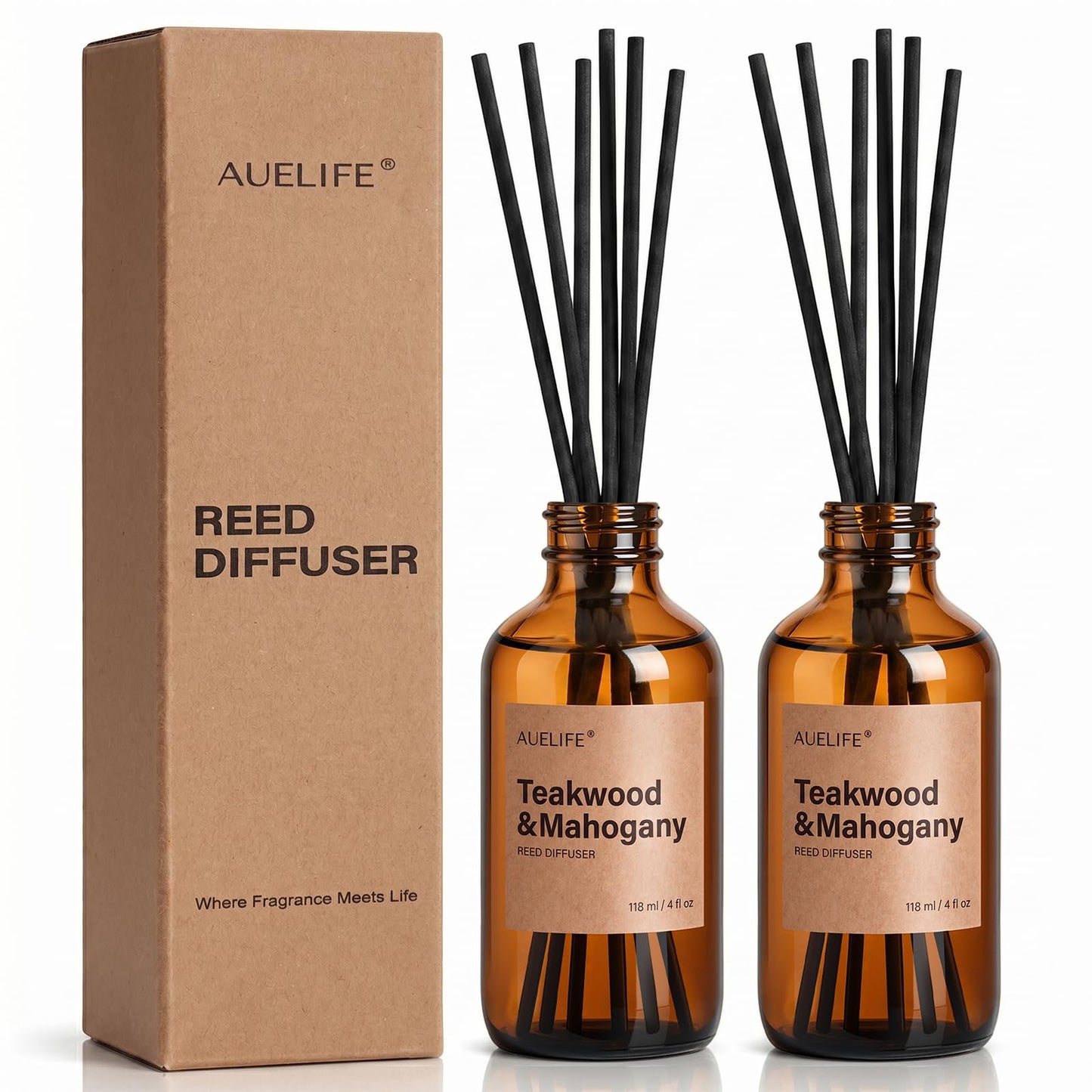 Auelife Reed Diffuser Set, Teakwood & Mahogany 2 Pack 8 Fl Oz Scented Diffuser with Fiber Sticks, Home Fragrance Reed Diffuser for Bathroom Shelf Decor, Bedroom, Office & Housewarming Gift