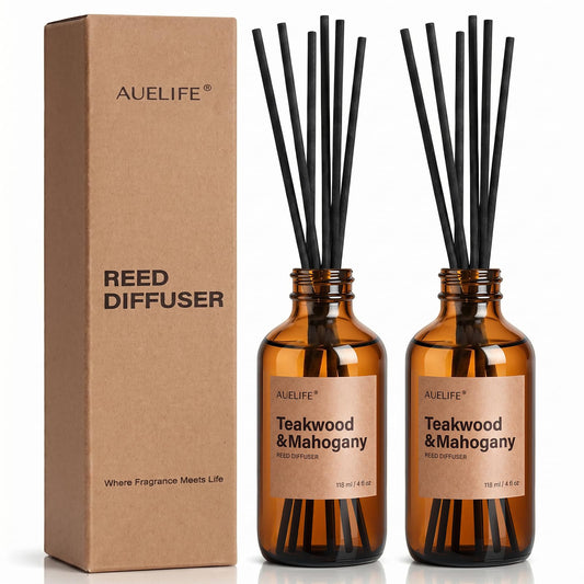 Auelife Reed Diffuser Set, Teakwood & Mahogany 2 Pack 8 Fl Oz Scented Diffuser with Fiber Sticks, Home Fragrance Reed Diffuser for Bathroom Shelf Decor, Bedroom, Office & Housewarming Gift