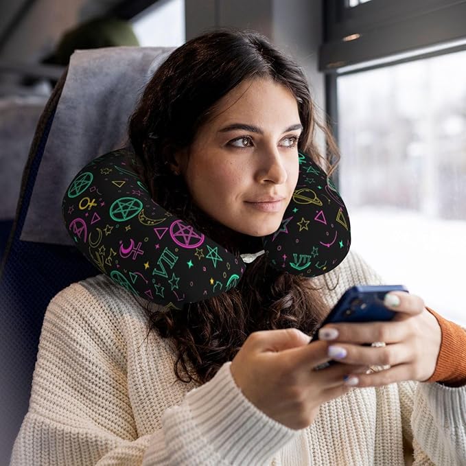 Travel Pillow Chin Neck Support, Comfortable Airplane Car Pillows for Rest, Memory Foam U Shaped Office Home Nap Sleeping Cushion Witch Magic Sun Moon Star Alchemical Cosmic Signs Witchcraft
