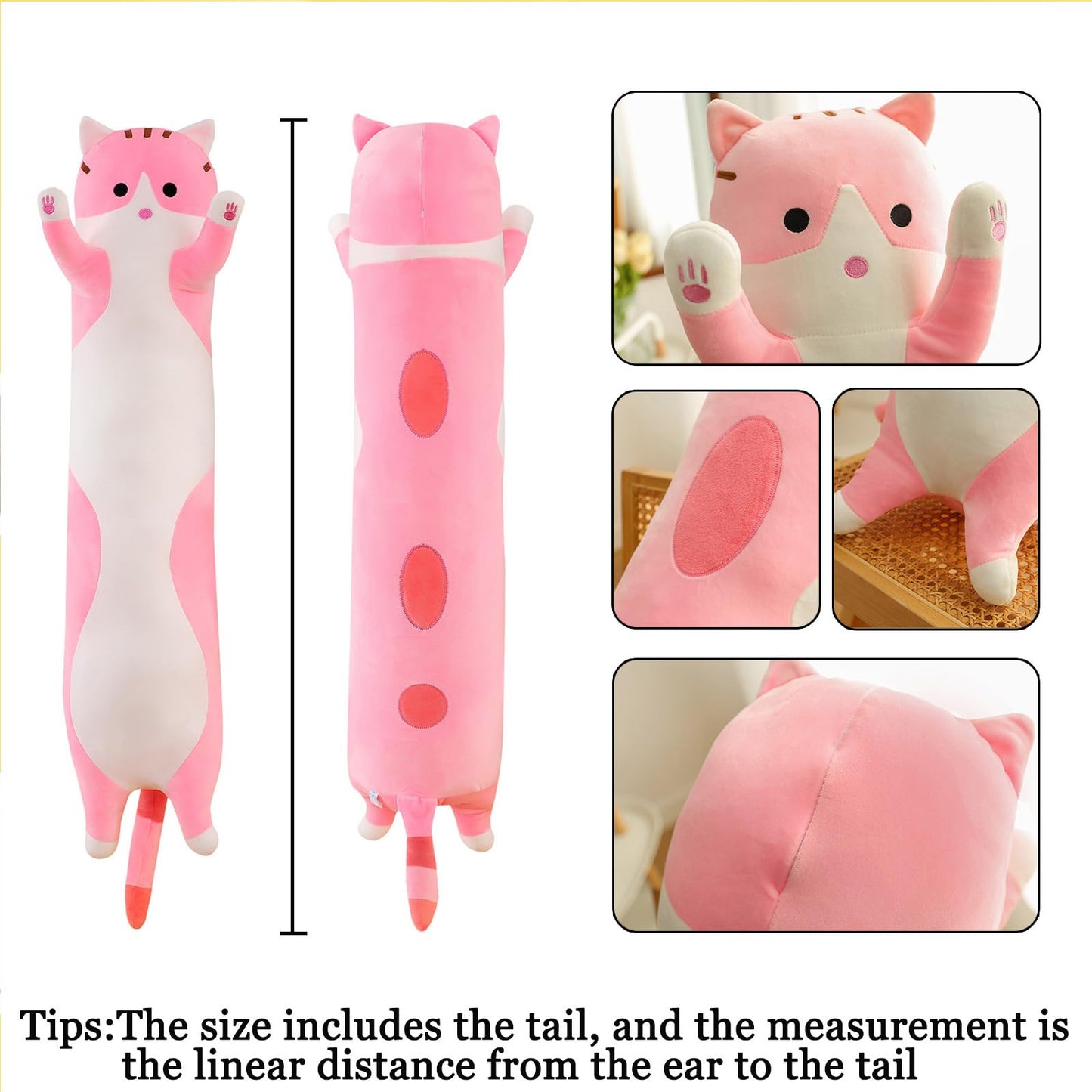 Long Cat Plush Pillow Soft Cat Hugging Pillow Stuffed Animal Pillow Cute Kitty Sleeping Throw Pillow Gift for Kids(70cm/27.55inch,Pink